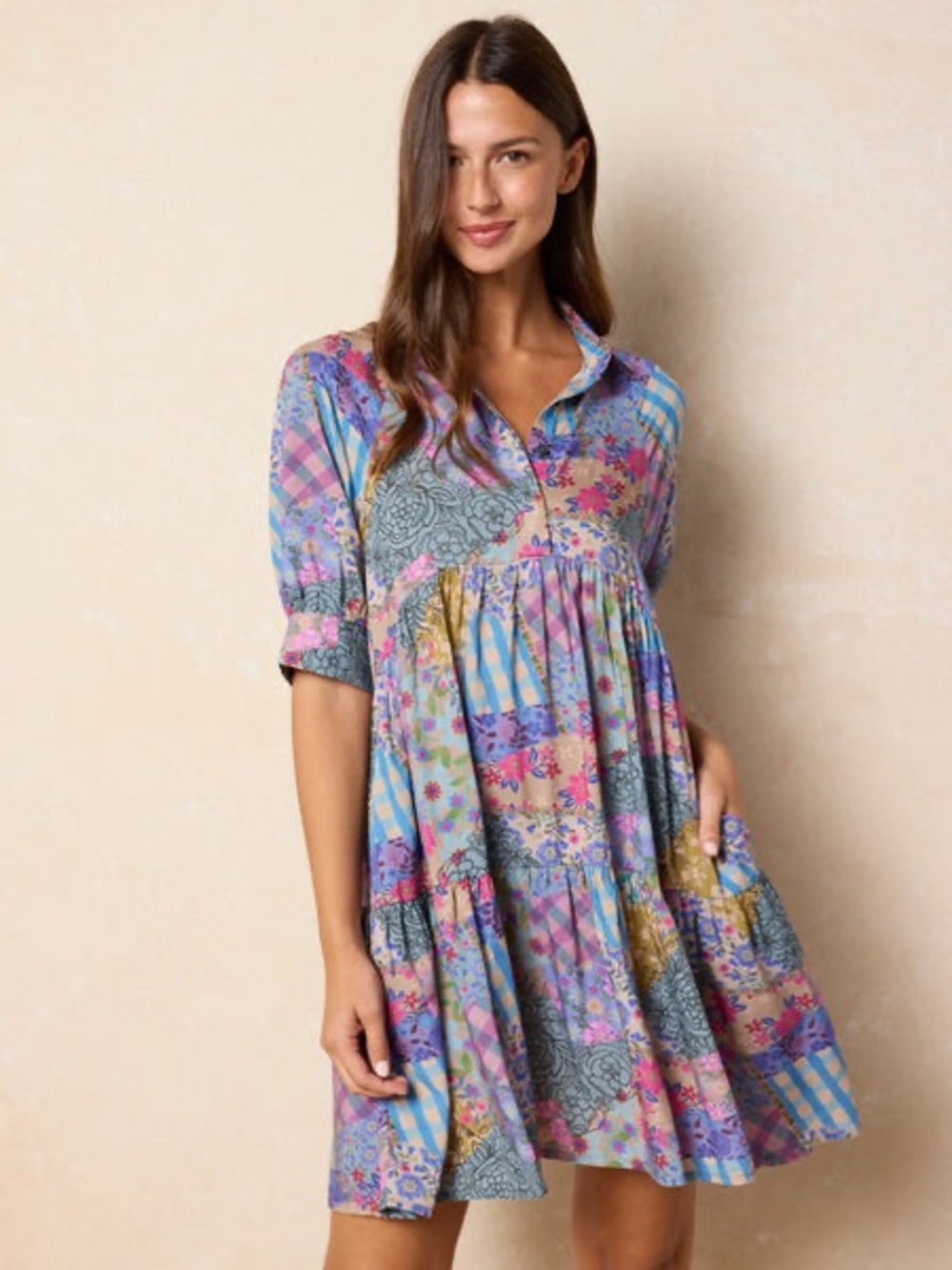 Natural Life Women's Becca Patchwork Floral Puff Sleeve Mini Dress XS